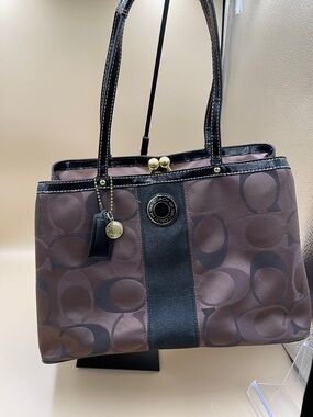 Coach Brown and Black Signature Canvas Tote with Kisslock Gold Embellishments